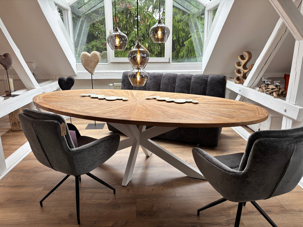 Esstisch aus recycelter Ulme – 254 × 135 cm, weißes Metallgestell, jedes Stück ein Unikat