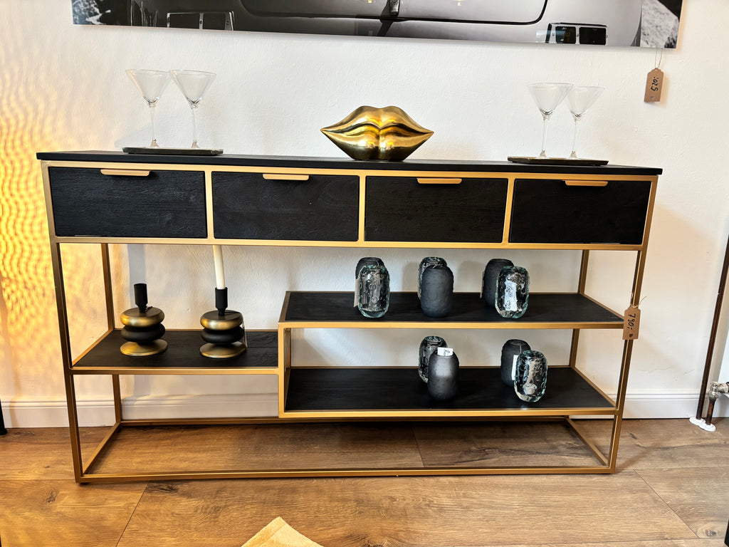 Sideboard – Akazienholz Schwarz/Gold, 141 ×80×33 cm (ohne Deko)