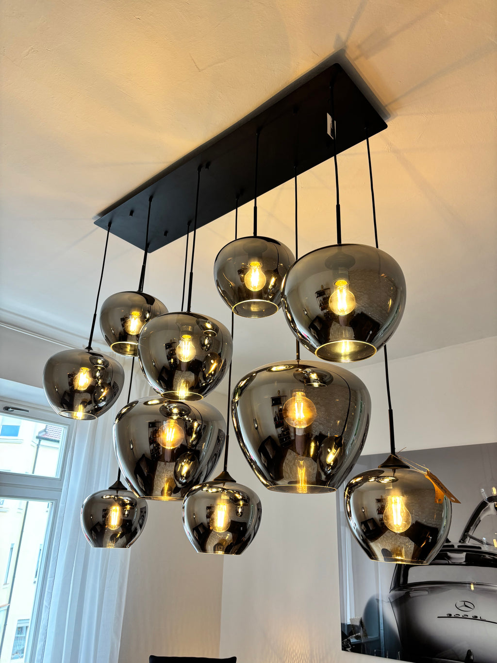 Hängeleuchte – 10-flammig, Rauchglas & Schwarz, 120 × 60 × 110 cm