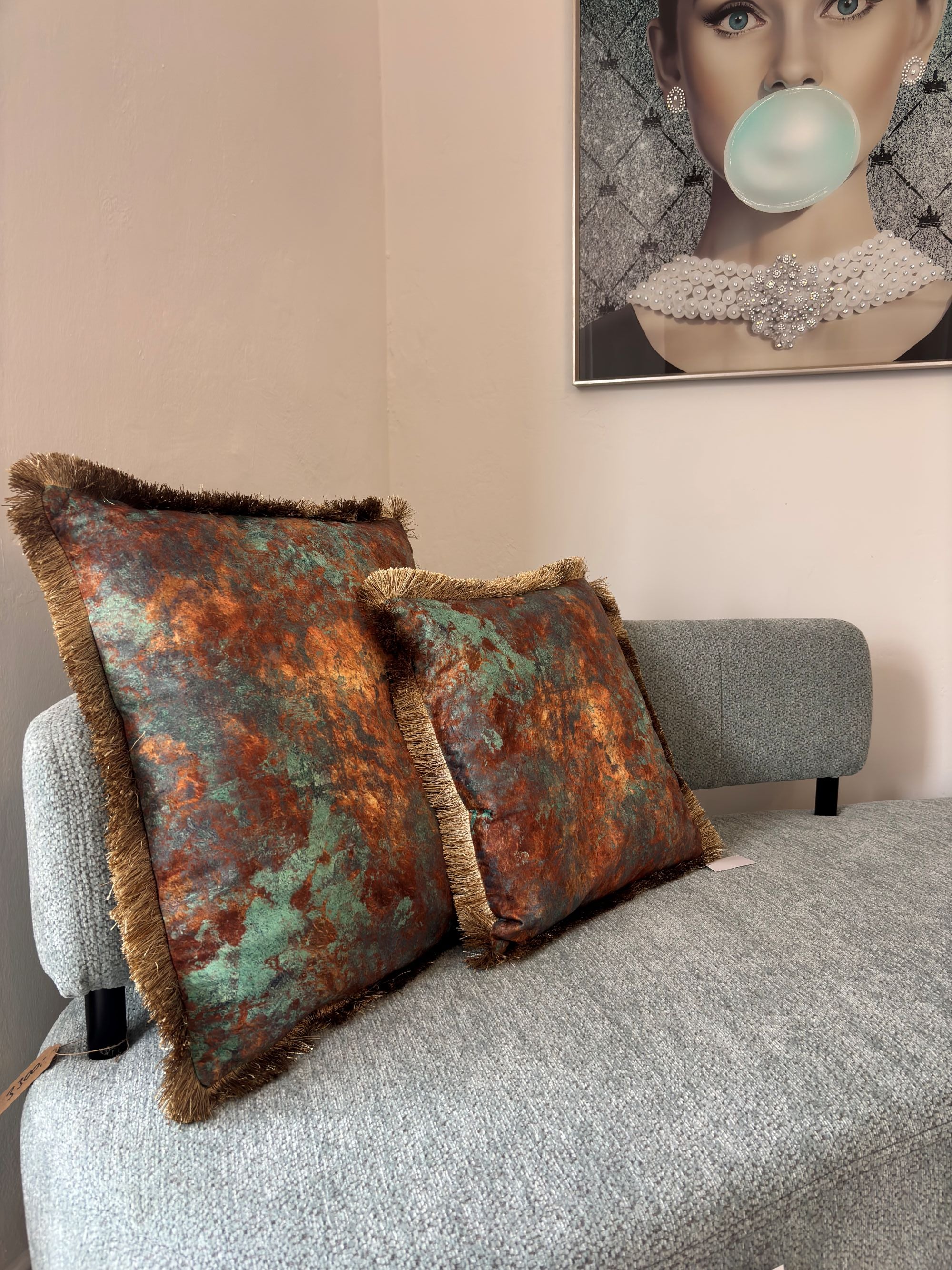 Samtkissen "Retro Glam" 45x45 cm Gold Türkis mit Fransen