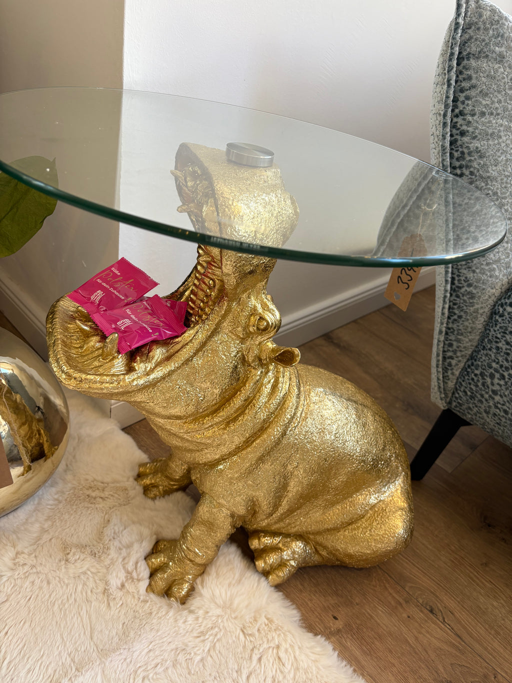 Beistelltisch "Hippo Glam" Gold mit Glasplatte