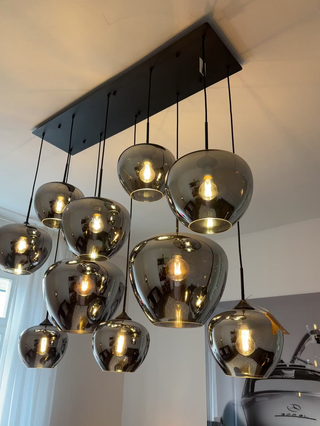 Hängeleuchte – 10-flammig, Rauchglas & Schwarz, 120 × 60 × 110 cm